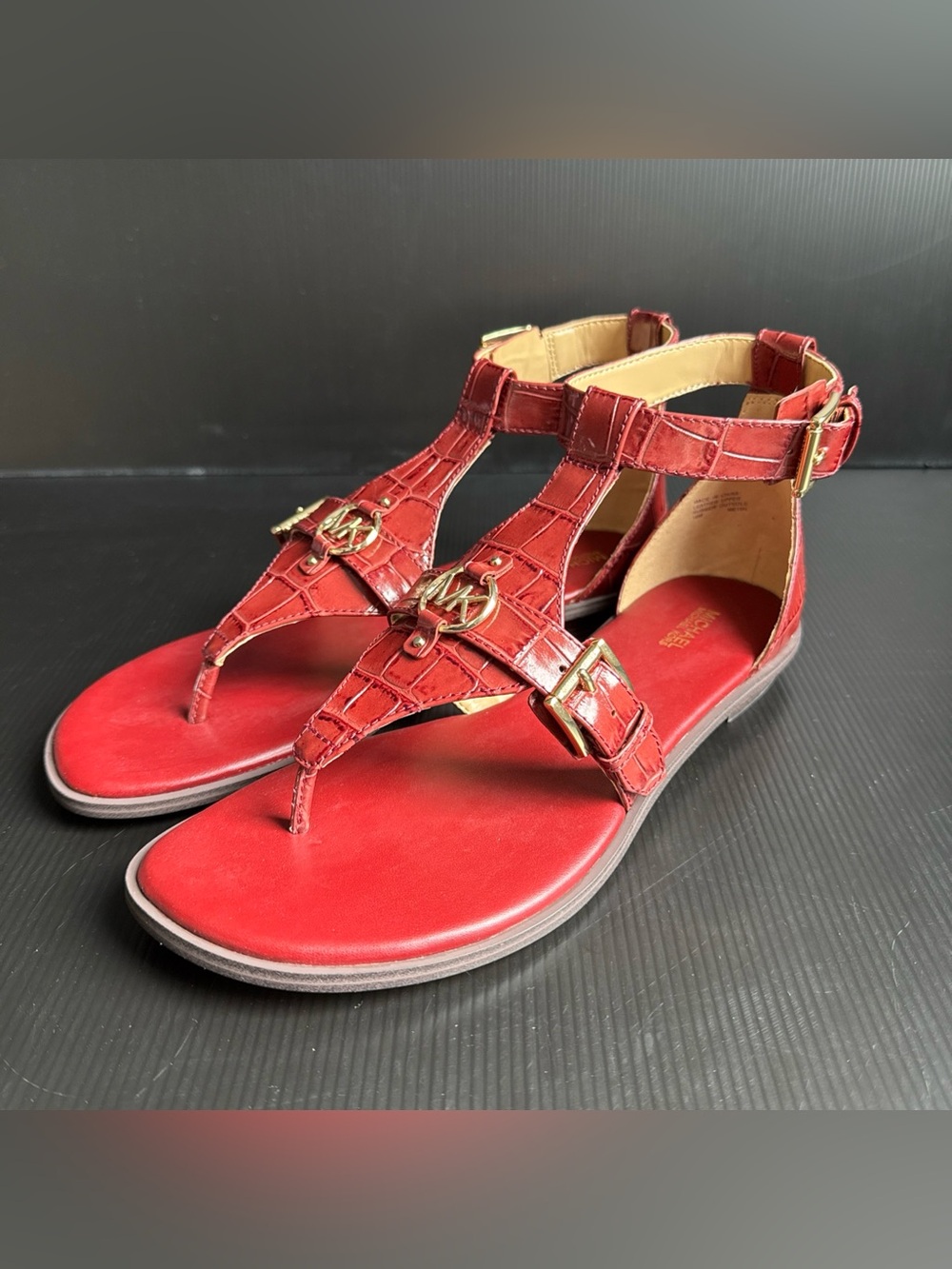 NIB Michael Kors Preston Flat Sandal Brandy Embossed Leather Shoe Womens Size 10 - Picture 2 of 12